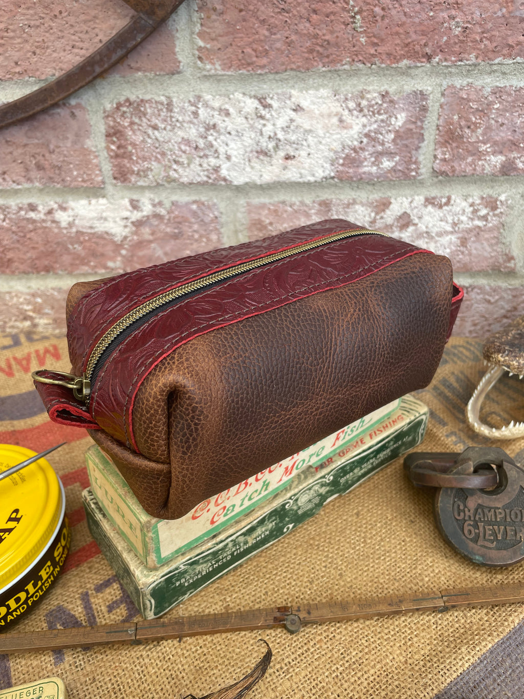 Tooled Burgundy & Brown Full Grain Leather Dopp Kit