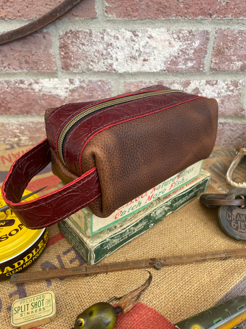 Tooled Burgundy & Brown Full Grain Leather Dopp Kit