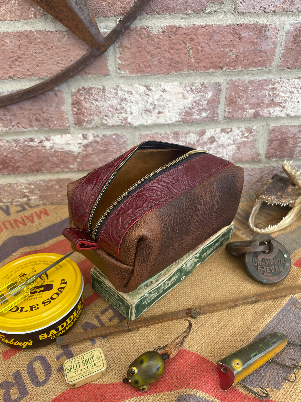 Tooled Burgundy & Brown Full Grain Leather Dopp Kit