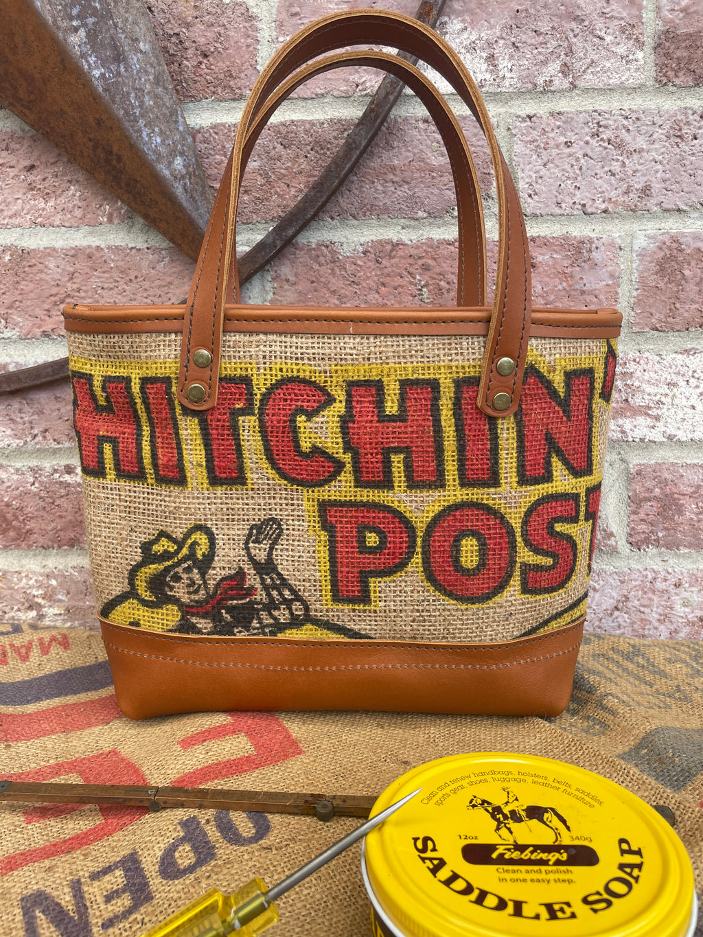 Vintage Feed Sack Leather Tote Bag