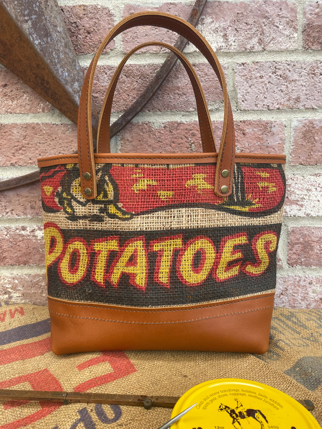 Vintage Feed Sack Leather Tote Bag