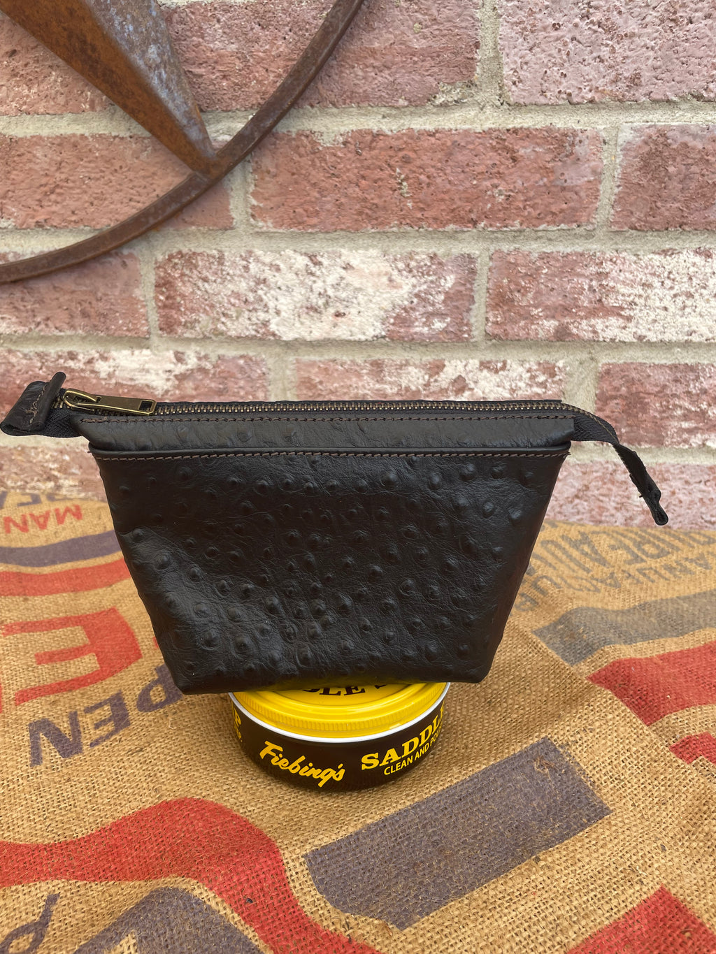 Grey / Brown Embossed Caiman Leather Zip Pouch
