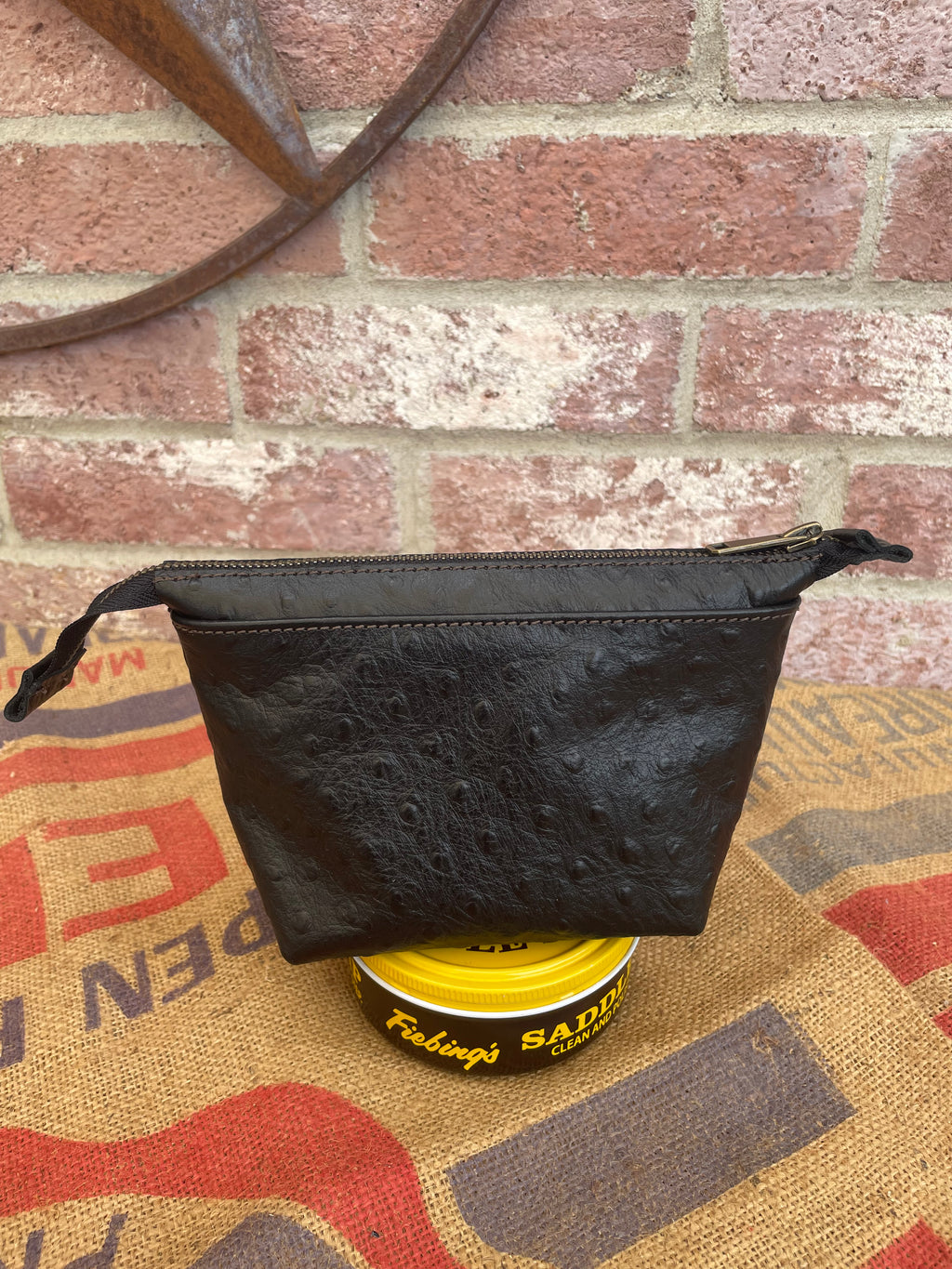 Grey / Brown Embossed Caiman Leather Zip Pouch