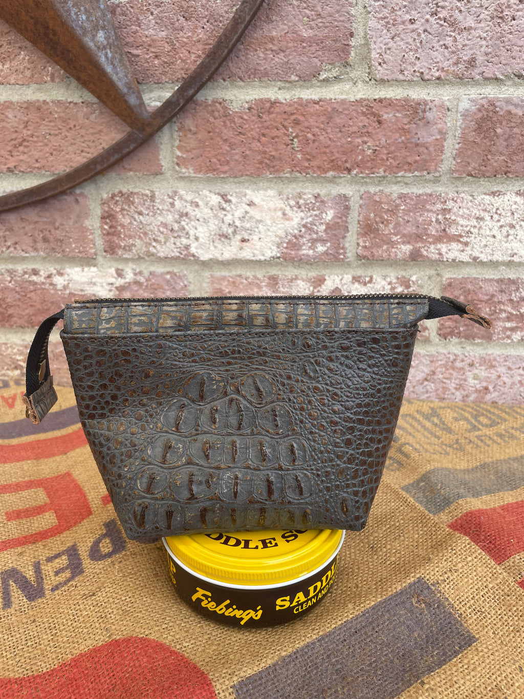 Grey / Brown Embossed Caiman Leather Zip Pouch