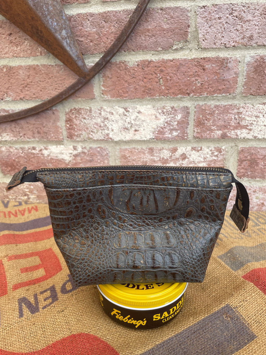 Grey / Brown Embossed Caiman Leather Zip Pouch