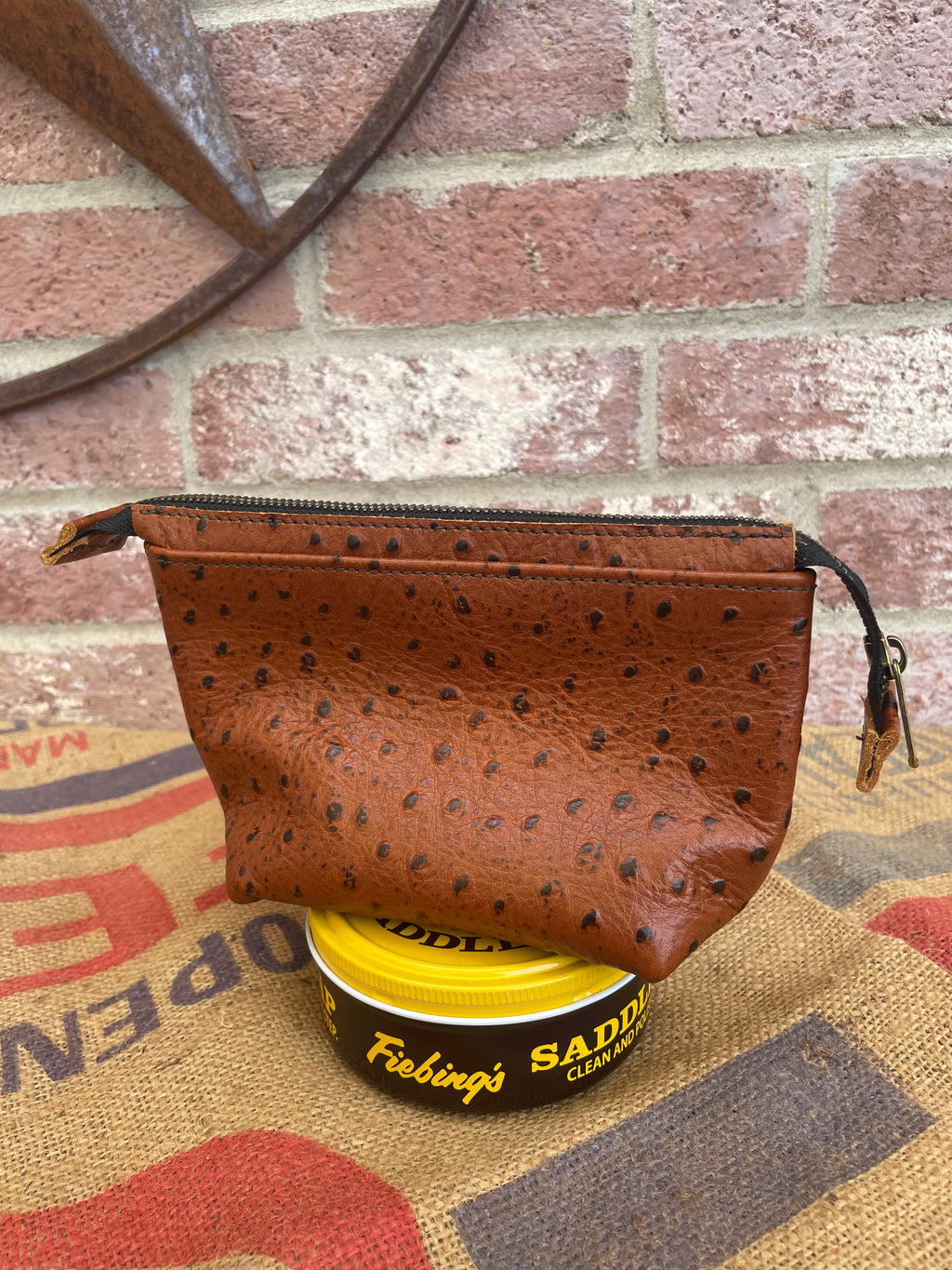 Cognac Embossed Ostrich Leather Zip Pouch