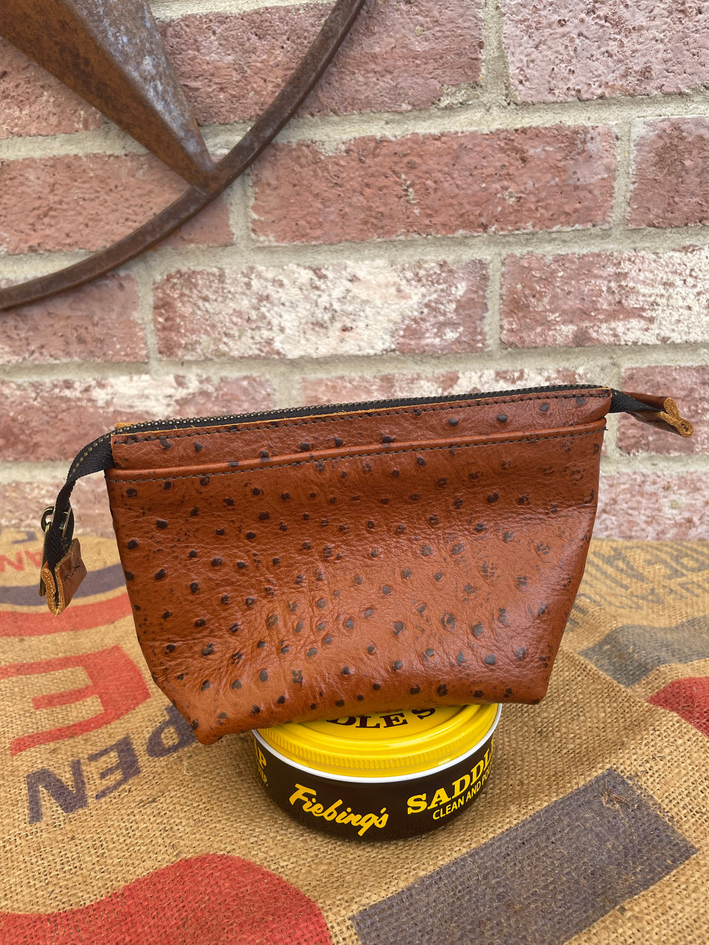 Cognac Embossed Ostrich Leather Zip Pouch